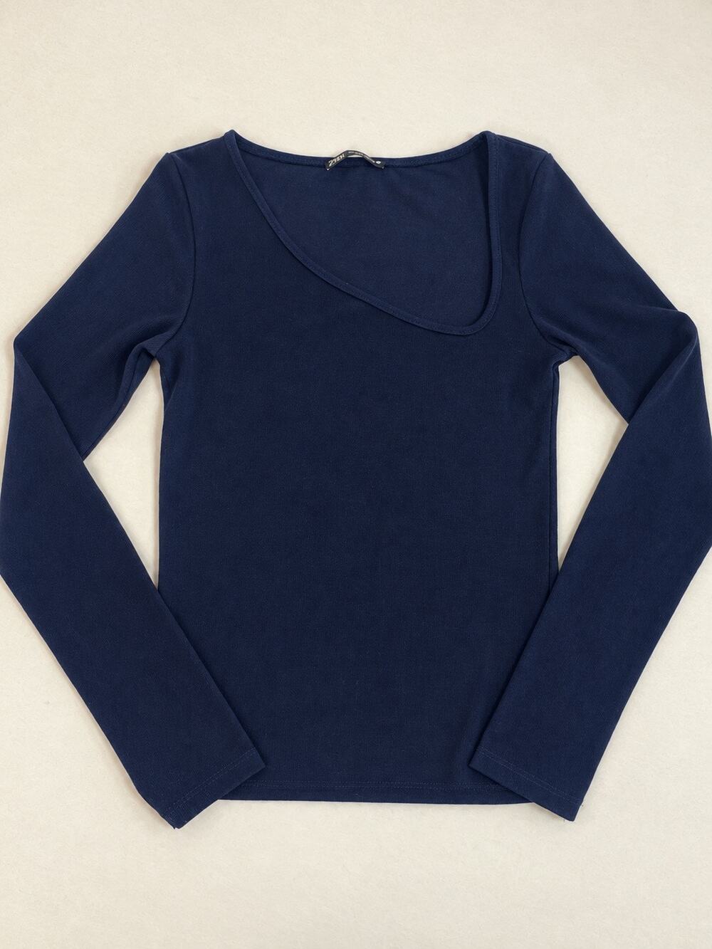 Zara Womens S Navy Blue Asymmetrical Scoop Neck Long Sleeve Top Y2K Minimalist